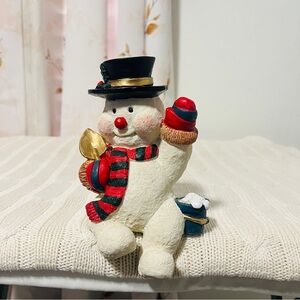 Vintage Mantle Sitting Snowman Cheerful with Black Hat and Red Scarf 6” Holiday